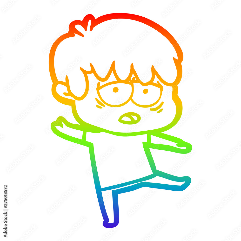 rainbow gradient line drawing cartoon exhausted boy