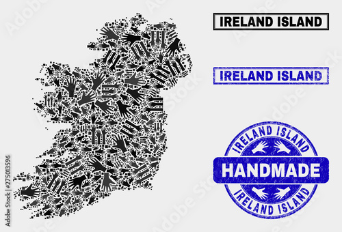 Vector handmade collage of Ireland Island map and rubber stamp seals. Mosaic Ireland Island map is created of scattered hands. Blue seals with corroded rubber texture.