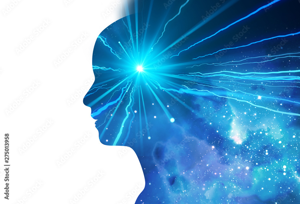 silhouette of virtual human with aura chakras on space nebula 3d illustration - obrazy, fototapety, plakaty 