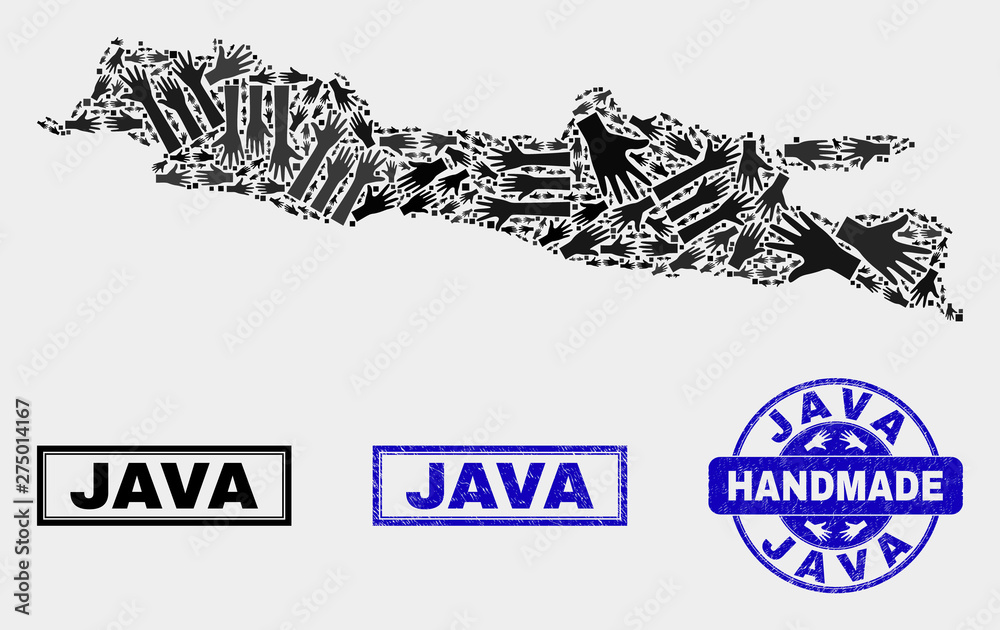 Vector handmade collage of Java Island map and textured stamp seals. Mosaic Java Island map is formed with random hands. Blue seals with corroded rubber texture. Vector handmade collage of Java Island map and textured stamp seals. Mosaic Java Island map is formed with random hands. Blue seals with corroded rubber texture.