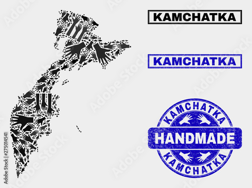 Vector handmade composition of Kamchatka map and scratched seals. Mosaic Kamchatka map is done with random hands. Blue seals with unclean rubber texture.
