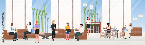 mix race businesspeople relaxing communicating during meeting coffee break concept creative co-working center contemporary lounge area interior flat horizontal full length