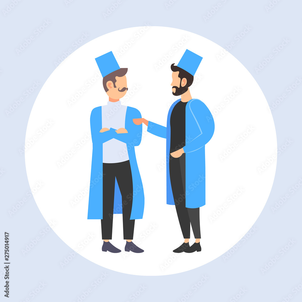 two doctors team discussing during meeting men in uniform standing together medicine healthcare concept flat full length
