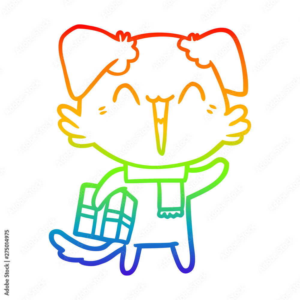 rainbow gradient line drawing happy little cartoon dog in winter clothes
