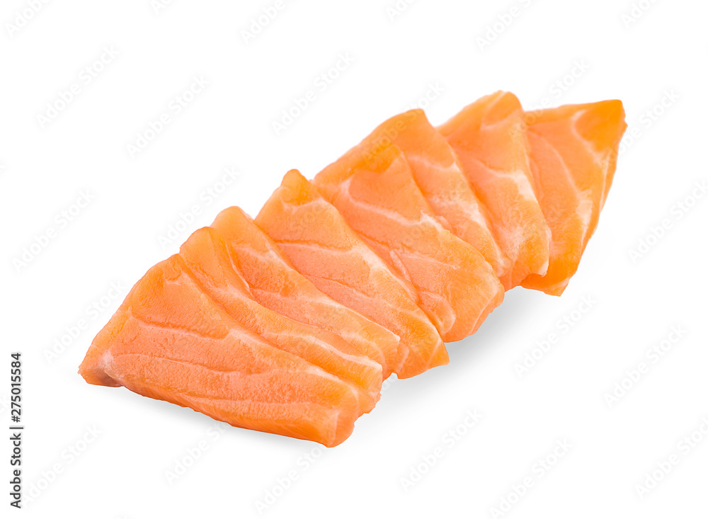 Slices of Raw Salmon Fillet Isolated on White Background Top View