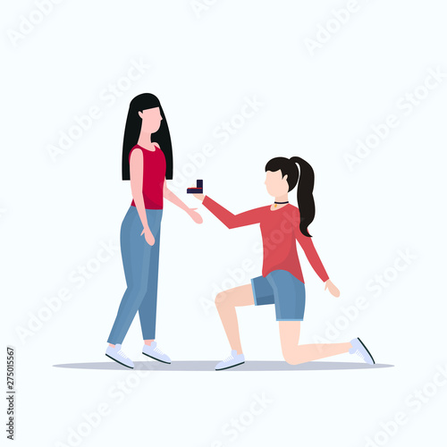 woman lesbian kneeling holding engagement ring proposing girlfriend marry her couple women homosexual marriage offer concept female cartoon characters full length flat
