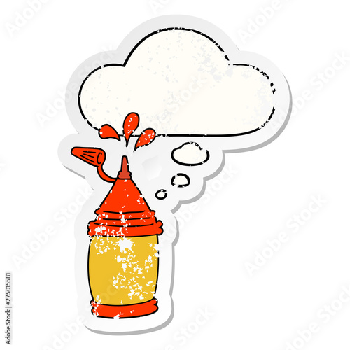cartoon ketchup bottle and thought bubble as a distressed worn sticker