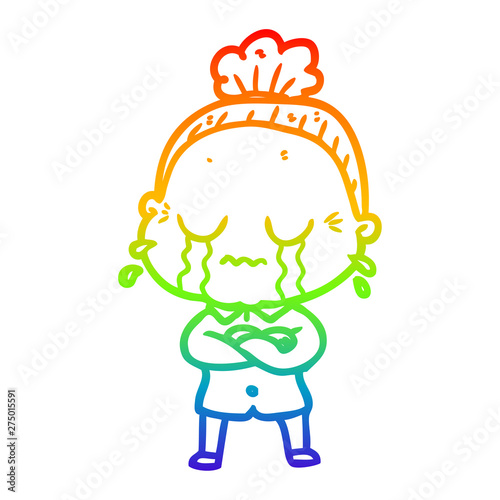 rainbow gradient line drawing cartoon crying old lady