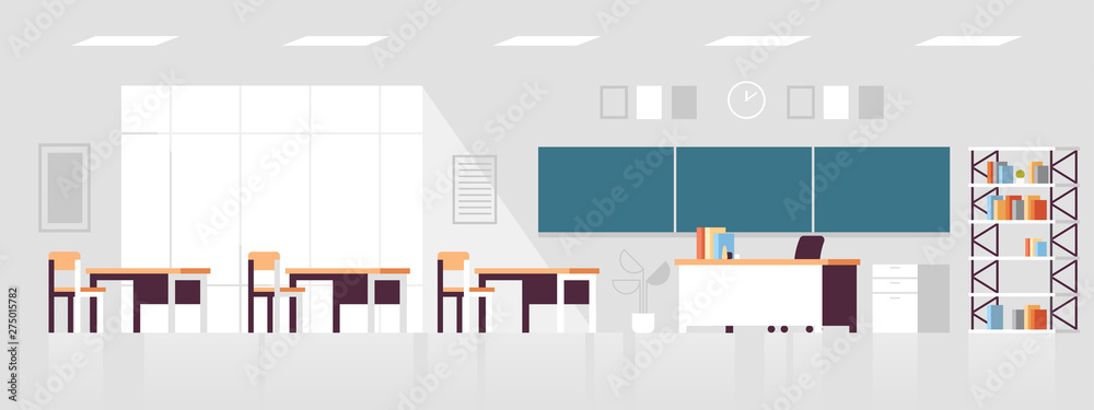 modern classroom interior empty no people school class room with board chairs and desks flat horizontal