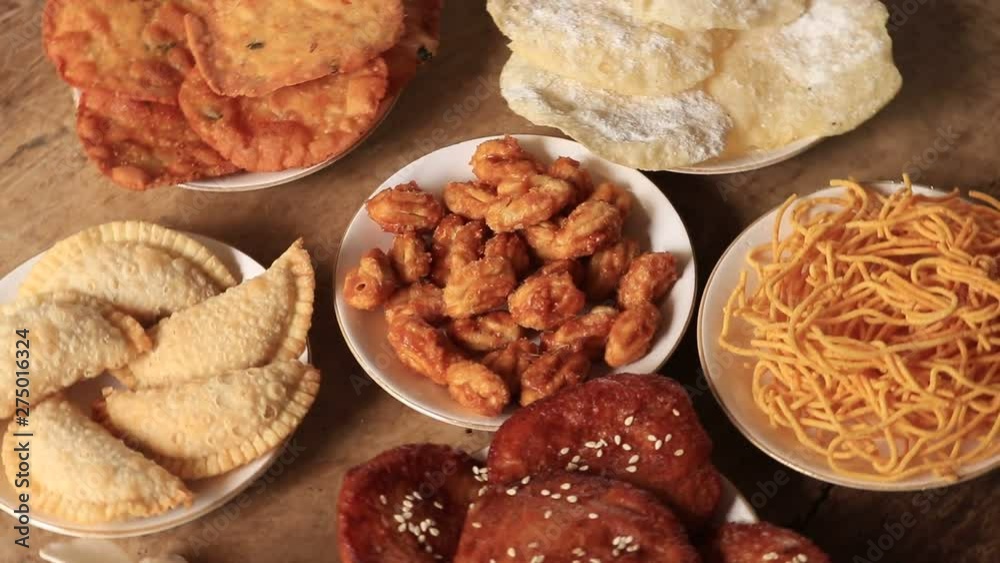 Indian Traditional Spicy Snack Ghatiya With Bhakarwadi Also Know as Ganthiya, Papdi, Gathiya, Bakarwadi, Bakarvadi, Bakar Vadi or Bakar Wadi Are Deep Fried Snack Made From Chickpea Flour.