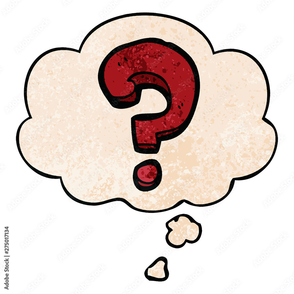 cartoon question mark and thought bubble in grunge texture pattern style