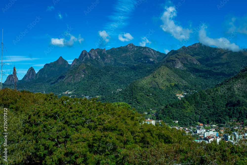 Mountains and city. Beauty of the mountains. Mountain of the Finger of God. City of Teresopolis, state of Rio de Janeiro, Brazil, South America.  