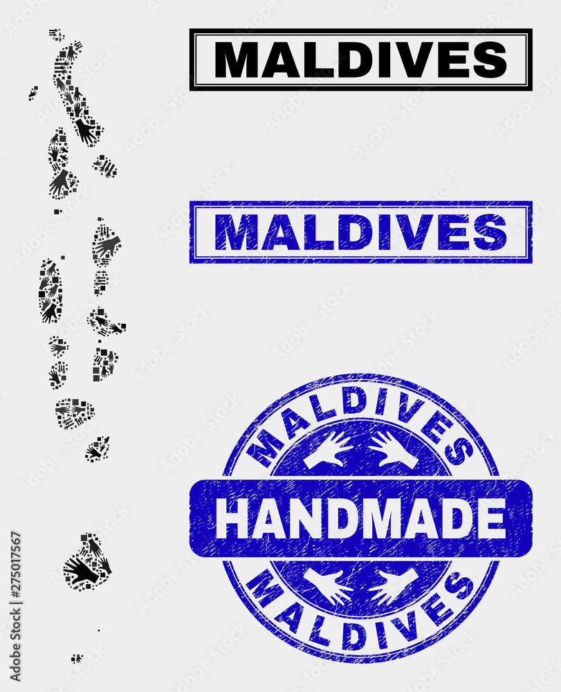 Vector handmade collage of Maldives map and rubber seals. Mosaic Maldives map is created from scattered hands. Blue seals with corroded rubber texture.