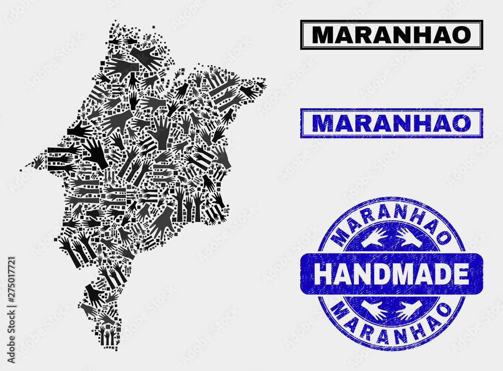 Vector handmade combination of Maranhao State map and scratched seals. Mosaic Maranhao State map is formed of randomized hands. Blue seals with corroded rubber texture.