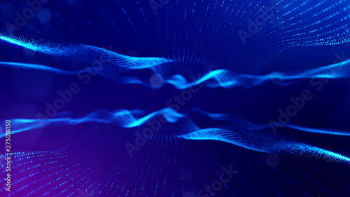 3d rendering background of glowing particles with depth of field, bokeh. Microworld or sci-fi theme. Particles form line and 3d surface grid. Blue 16
