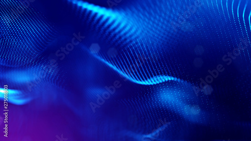 3d rendering background of glowing particles with depth of field, bokeh. Microworld or sci-fi theme. Particles form line and 3d surface grid. Blue 24