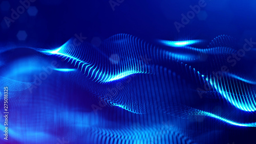 3d rendering background of glowing particles with depth of field, bokeh. Microworld or sci-fi theme. Particles form line and 3d surface grid. Blue 25