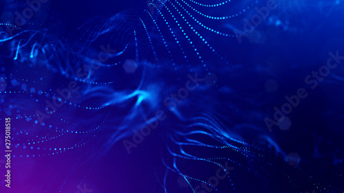 3d rendering background of glowing particles with depth of field, bokeh. Microworld or sci-fi theme. Particles form line and 3d surface grid. Blue 36