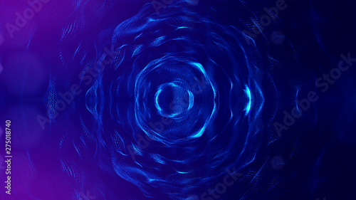 3d rendering background of glowing particles with depth of field  bokeh. Microworld or sci-fi theme. Particles form line and 3d surface grid. Blue spherical structures 50