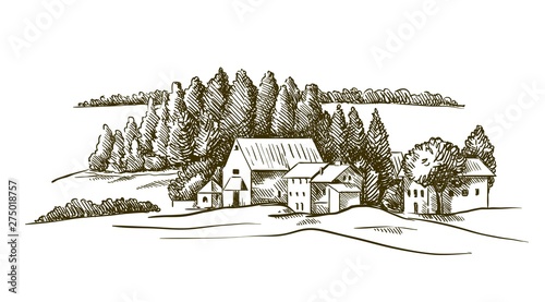 village houses and farmland. sketch drawn by hand on a grey background