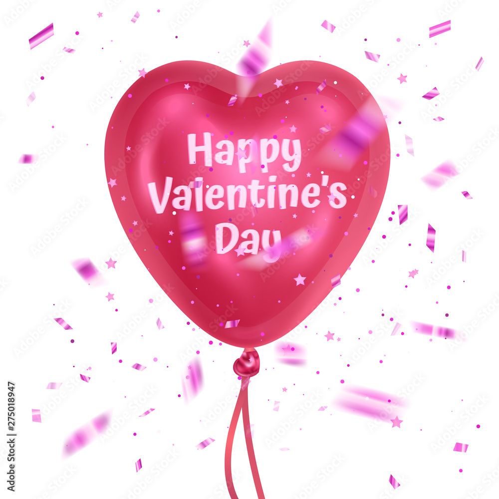 Happy Valentine's Day card with Red Helium Flying Balloon with shape of heart isolated on white. Valentine's Day card template with Glossy Balloon.