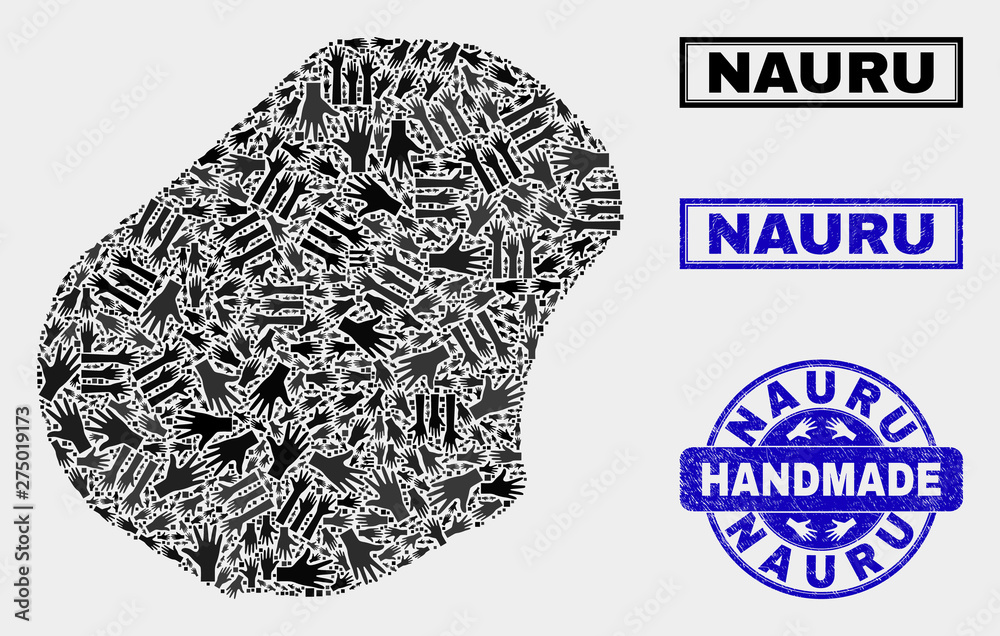 Vector handmade combination of Nauru map and dirty seals. Mosaic Nauru map is constructed with scattered hands. Blue seals with distress rubber texture. Vector handmade combination of Nauru map and dirty seals. Mosaic Nauru map is constructed with scattered hands. Blue seals with distress rubber texture.