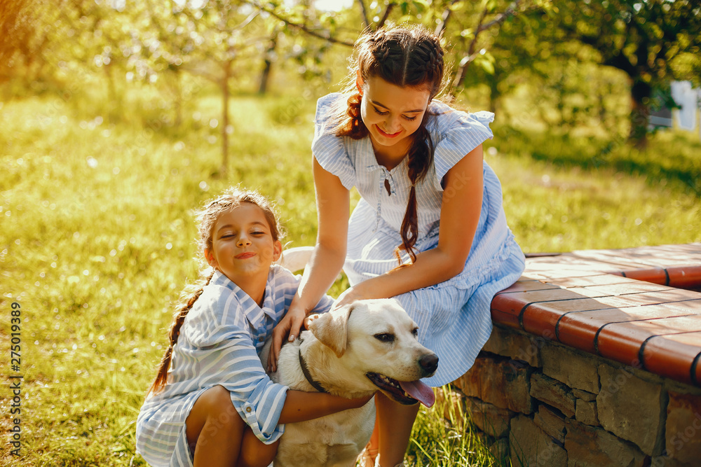 Fototapeta premium two beautiful and cute girls in blue dresses with beautiful hairstyles and make-up sitting in a sunny green garden and playing with a dog