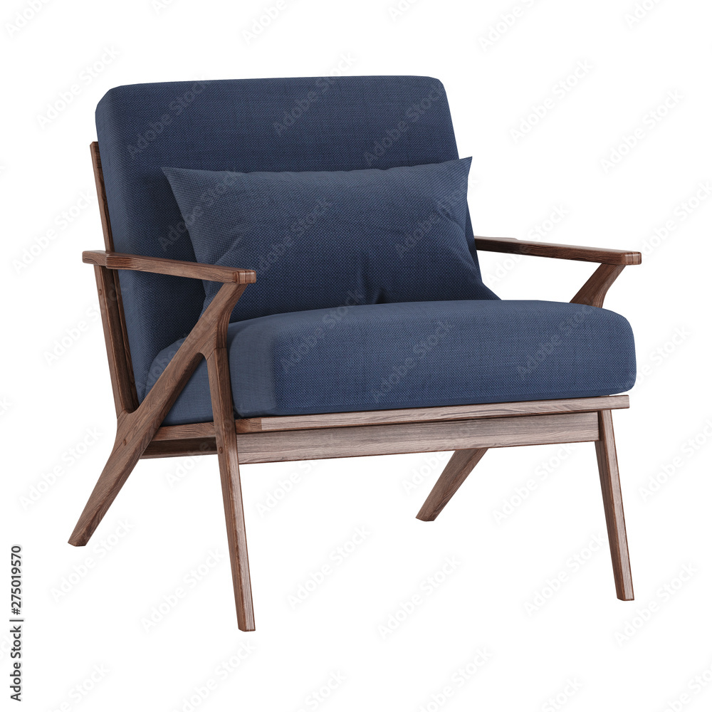 Armchair with wooden legs on a white background. 3D rendering. Armchair with wooden legs on a white background. 3D rendering.
