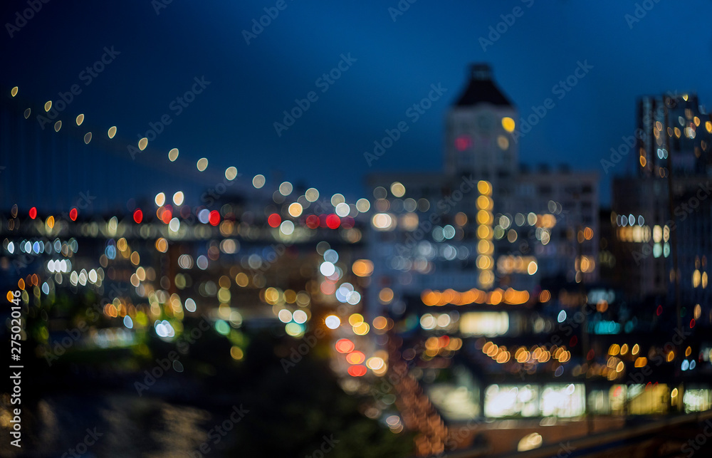 New york skyline night blurred lights city downtown, abstract background