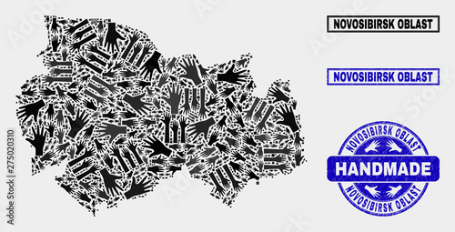 Vector handmade combination of Novosibirsk Region map and grunge seals. Mosaic Novosibirsk Region map is formed with randomized hands. Blue seals with distress rubber texture.