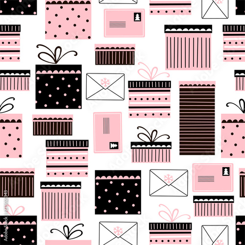 Gifts hand drawn vector seamless pattern. Christmas, New Year deliveries simple texture. Kawaii xmas gift boxes, presents on white background. Holiday season wrapping paper, wallpaper design element