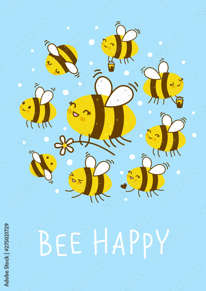 Cute honey bees on blue sky background