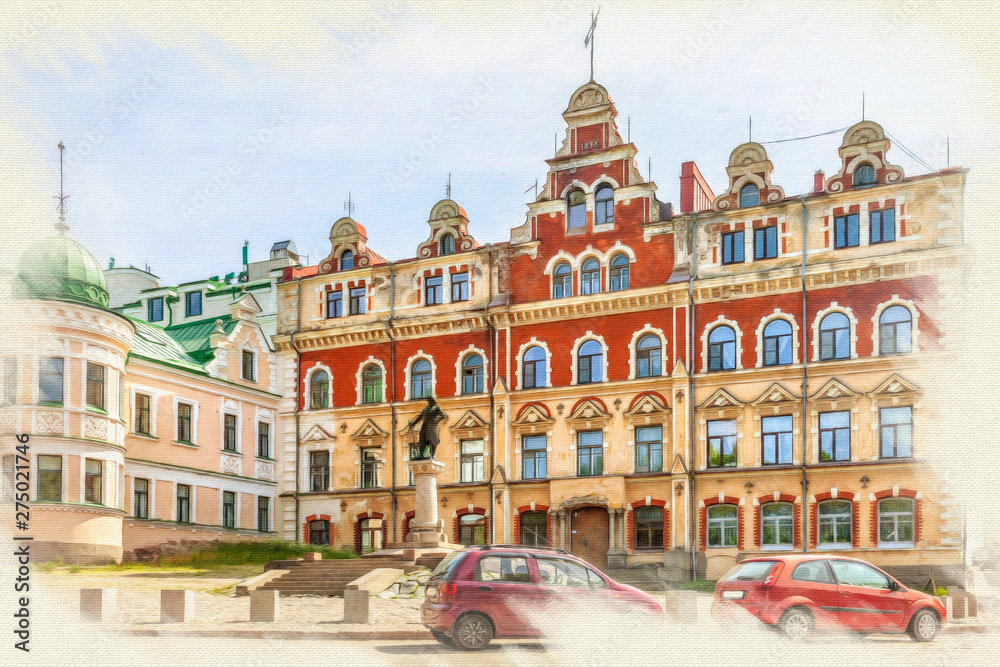 Imitation of the picture. City Vyborg. Old Town Hall Square