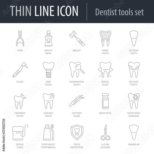 Icons Set of Dentist Tools. Symbol of Intelligent Thin Line Image Pack. Stroke Pictogram Graphic for Web Design. Quality Outline Vector Symbol Concept Collection. Premium Mono