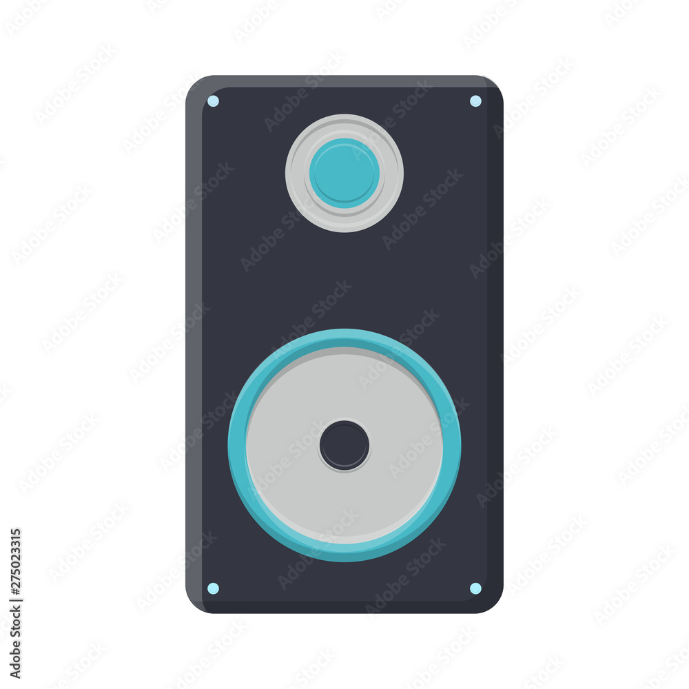 Vector illustration of a black flat icon of a simple modern digital loud large music speaker isolated on white background. Concept: computer digital technologies Vector illustration of a black flat icon of a simple modern digital loud large music speaker isolated on white background. Concept: computer digital technologies