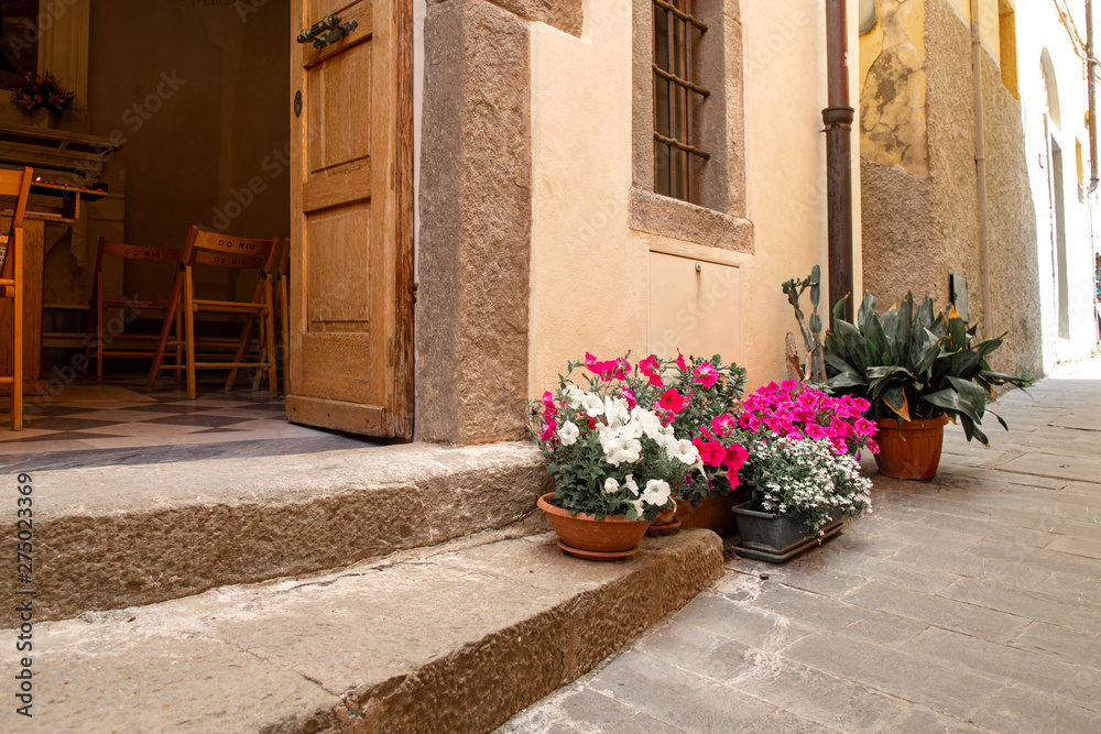 Riomaggiore in Cinque Terre, Italy. Beautiful narrow streets with church. Summer cityscape