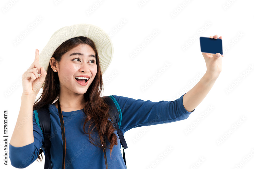 Happy Asian tourist woman holding credit card with surprising, isolated on white. Happy Asian tourist woman holding credit card with surprising, isolated on white.
