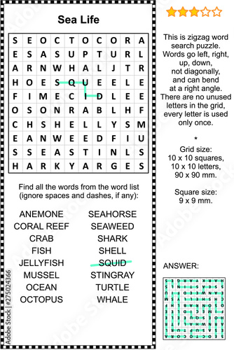 Sea life themed zigzag word search puzzle (suitable both for kids and adults). Answer included.