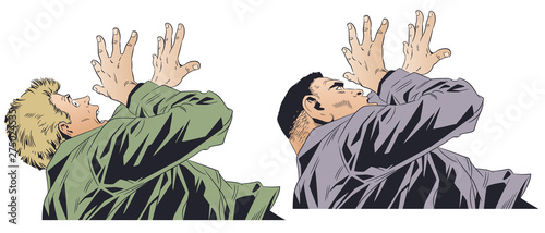 Frightened man covering his face. Stock illustration.