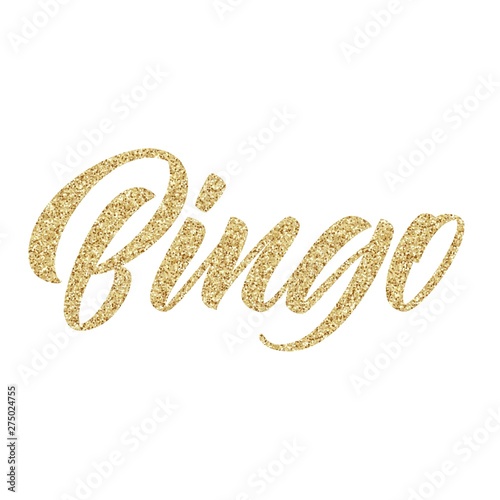 Bingo hand lettering, custom typography, brush calligraphy with golden glitte texture isolated on white background. Vector type illustration.