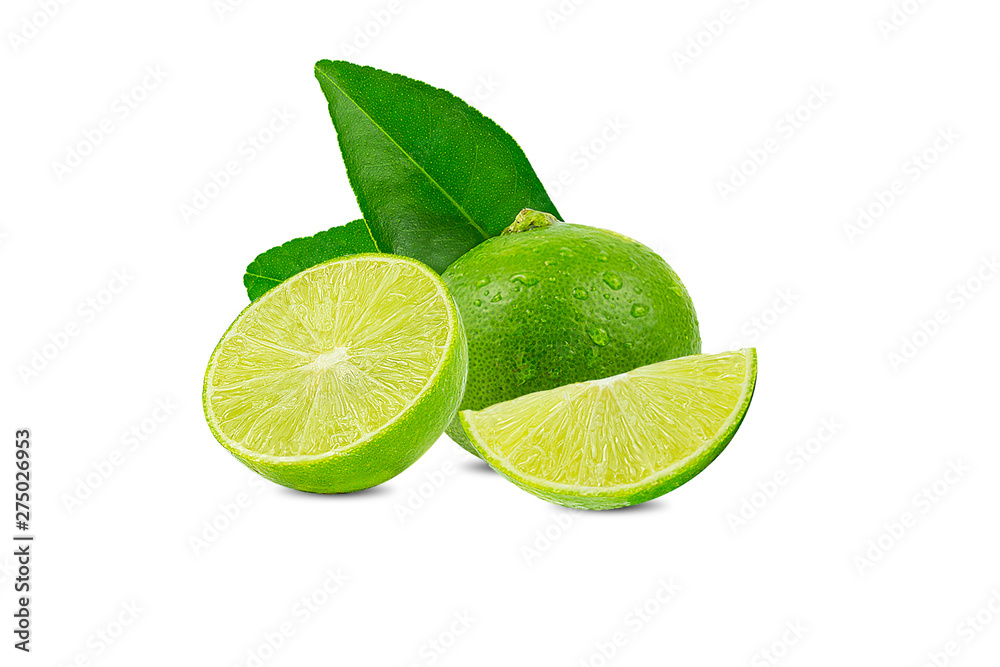 Natural fresh lime with water drops and slice of green lime citrus fruit stand isolated on white background. Natural fresh lime with water drops and slice of green lime citrus fruit stand isolated on white background.