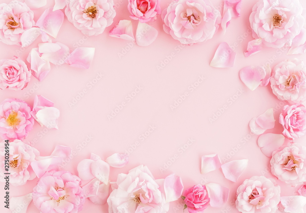 Flowers composition pastel colors. background from beautiful pale pink  roses frame, border on pink   space Stock Photo |  Adobe Stock