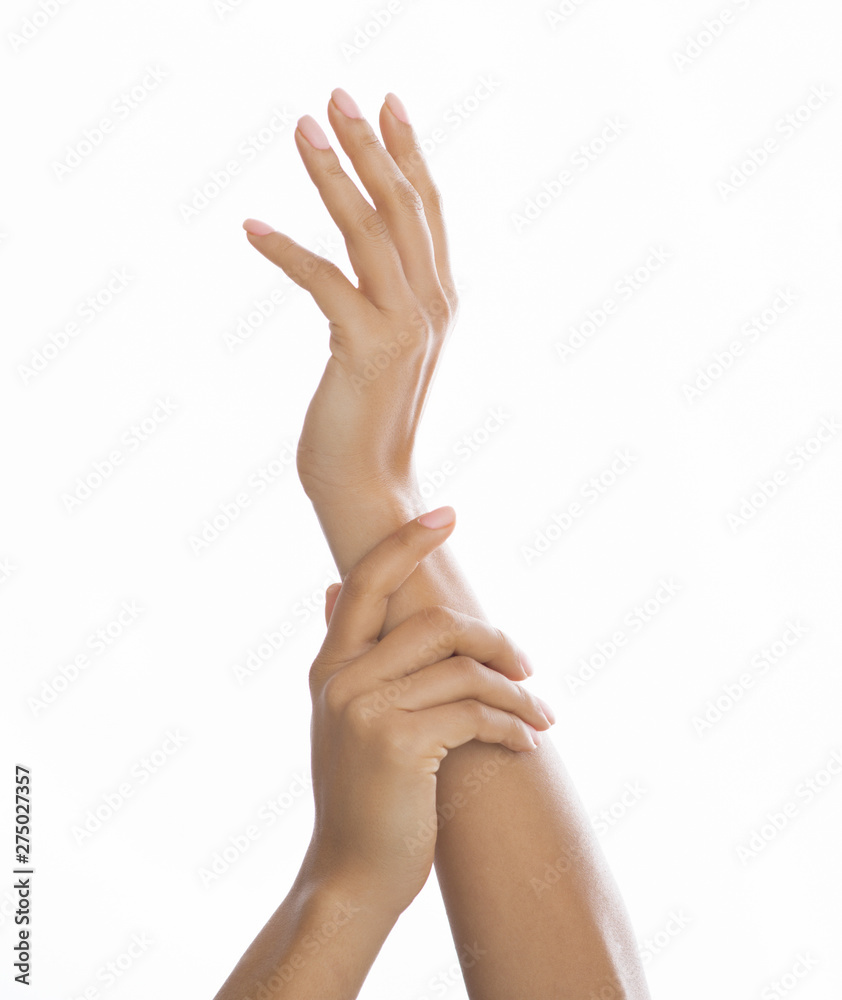 Skincare Concept. Female Hands With Nude Manicure Skincare Concept. Female Hands With Nude Manicure
