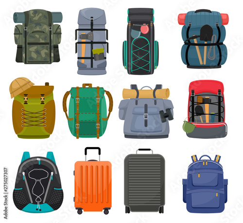Backpack camp vector backpacking travel bag with tourist equipment in hiking camping and climbing sport knapsack or rucksack set illustration isolated on white background photo