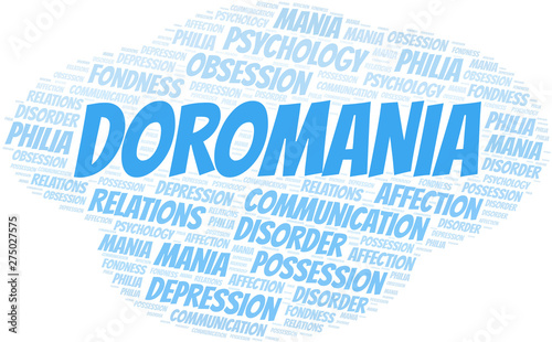 Doromania word cloud. Type of mania, made with text only.