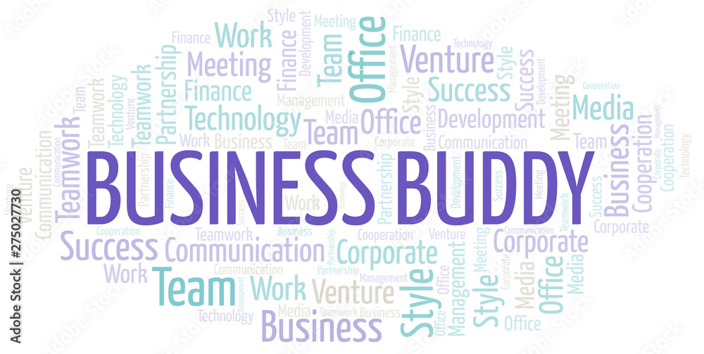 Business Buddy word cloud. Collage made with text only.