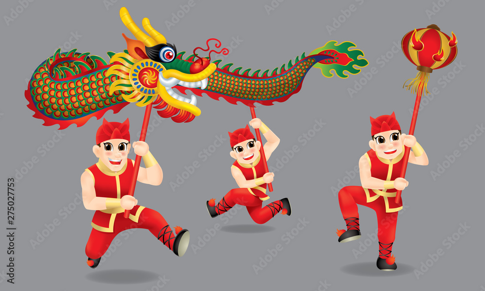 Men performing traditional Chinese dragon dance. With different posts and colors.