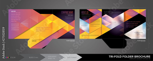 A trifold business folder template in vector format. The design for paper size a4, also has a guideline of bleed area 3 mm., crop masks and CMYK color.