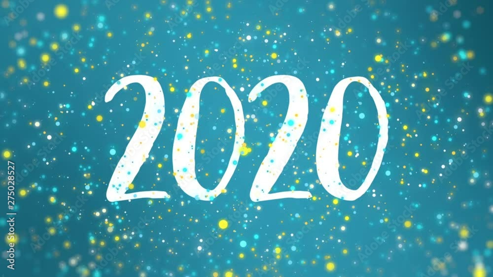 Sparkly blue yellow Happy New Year 2020 greeting card video animation with falling colorful glitter particles. Sparkly blue yellow Happy New Year 2020 greeting card video animation with falling colorful glitter particles.