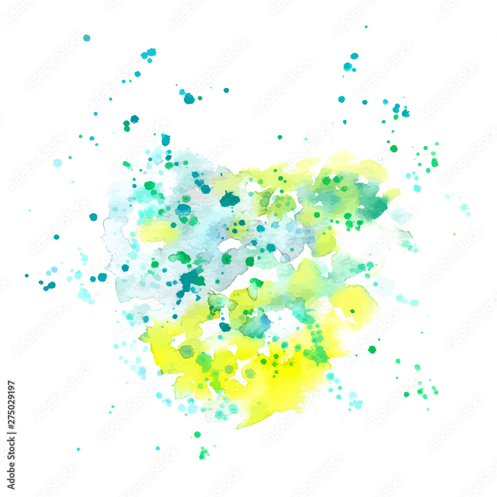 An abstract artistic vibrant teal blue, green and yellow watercolor background texture with splashes of paint, vector drawing with a place for text or logo